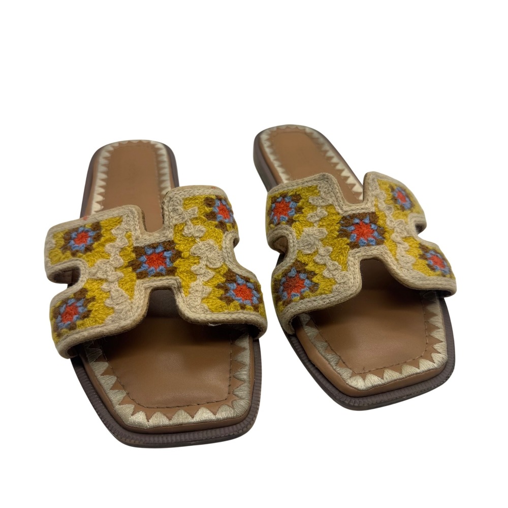 Madden Girl Hally-C Crochet Floral Slide Sandals Yellow Multi Square Toe 7.5